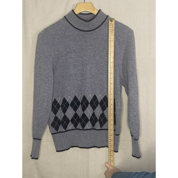 Vintage Jaeger Gray Lambs Wool Mock Neck Sweater Women Medium Argyle Dk Academia - Picture 3 of 7